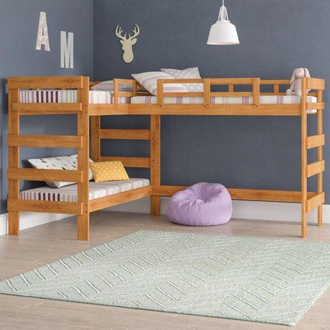 Deondre Twin L-Shaped Triple Bunk Bed #bunkbeddesigns Bunk Bed Ideas Diy, Bunk Bed Designs For Teens, Bunk Beds Small Room, Bunk Beds For Kids, Triple Bed, Beds For Kids, Bunk Bed Plans, Triple Bunk Beds, Diy Bunk Bed