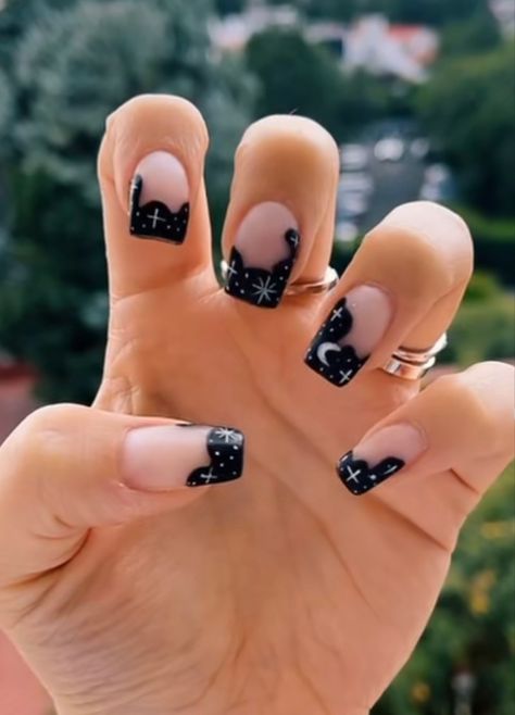 Black French Tip Nails With Stars, French Nails With Stars, Nails With White Stars, Halloween French Nails, French Square Nails, Square Nails Ideas, Cross Nail Designs, Nails With Stars, Black French Nails