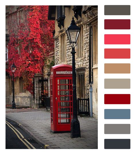 Colour palette inspired by Oxford London Colour Palette, English Colors Palette, London Color Palette, English Color Palette, England Moodboard, English Colours, London Telephone Booth, 1960s London, Colour Themes