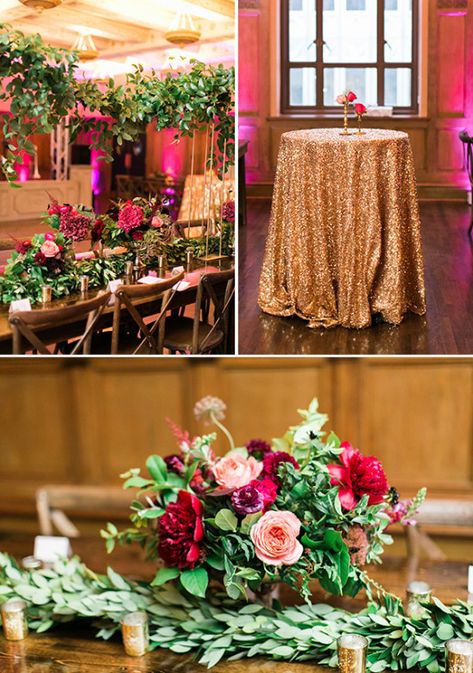 gold and magenta reception decor @weddingchicks Magenta Wedding Decorations, Gold And Magenta, Fuschia Wedding, Raspberry Wedding, Magenta Wedding, Rooftop Wedding, Emerald Wedding, Wedding Flower Decorations, Theme Color