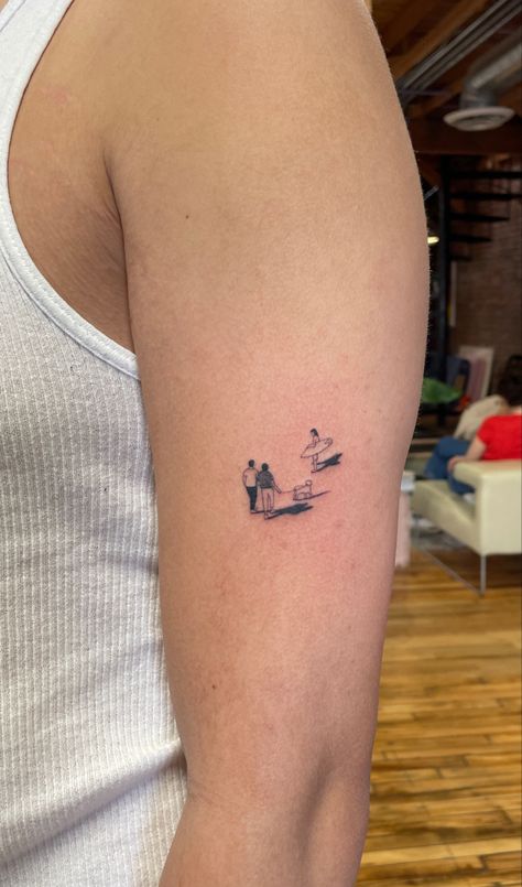 Dog On Skateboard Tattoo, Tiny People Walking Tattoo, Mini People Tattoo, Tattoo Dog Silhouette, People Walking Tattoo, People Outline Tattoo, Dog In Frame Tattoo, Small Picture Tattoos, Stick People Tattoo