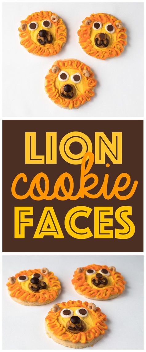 Lion Face Cookies - Easy Animal Face Kid Food Snack Idea - Six Clever Sisters Lion Themed Snacks, Lion Birthday Party Ideas Decoration, David And Goliath Snack Ideas, Fun Kid Food Ideas, Finger Jello Recipe, Kid Food Ideas, Jungle Snacks, Rainforest Party, Finger Jello