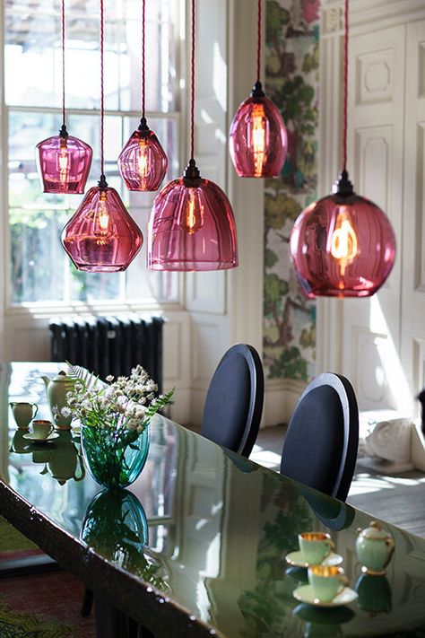 Pear Drop Glass Pendant Lights: Hand-Blown Glass Lights — Curiousa & Curiousa 50s Chandelier, Ruby Pendants, Colorful Table Lamp, Diy Lampe, Deco Luminaire, Poppy Red, Lighting Inspiration, Glass Pendant Light, Eclectic Style