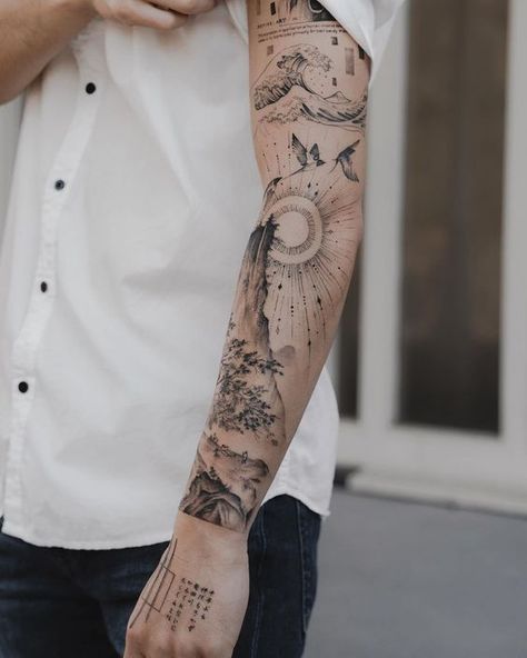 Nature Forarm Tattoos Mens, Masculine Tattoo Sleeves, Underground Tattoo Ideas, Background Tattoo Design, Natur Tattoo Arm, Full Hand Tattoo, Nature Tattoo Sleeve, Geometric Sleeve Tattoo, Band Tattoos