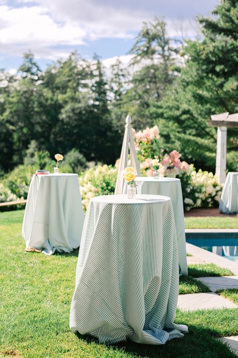 Wedding Cocktail Tables Decor, Cocktail Hour Inspiration, Backyard Wedding Cocktail Hour, Cocktail Hour Table Decor, Outdoor Cocktail Hour Wedding, Cocktail Tables Wedding, Green Wedding Summer, Garden Wedding Cocktail, Outdoor Wedding Cocktail Hour