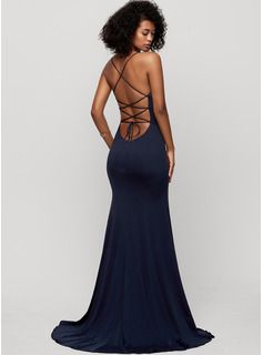 Trumpet/Mermaid Scoop Neck Sweep Train Jersey Evening Dress With Ruffle Beading Sequins (271194328) - JJ's House Plain Prom Dresses, Dark Blue Prom Dress, Navy Blue Prom Dress, Jersey Evening Dress, Jersey Prom Dress, Stylish Prom Dress, 2021 Prom Dresses, Prom Dress Inspo, Navy Blue Prom Dresses