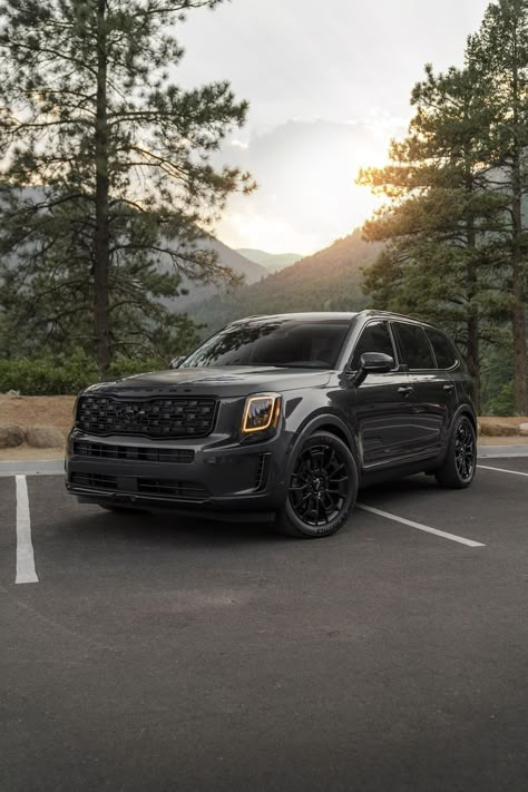 Win this car! 2022 Kia Telluride Ex Nightfall Edition finished in Gravity Gray paint. Lowered, wheel spacers, tinted windows, tinted taillights, blacked out emblems! Mom Cars, 3rd Row Suv, Kia Telluride, Large Suv, First Cars, Kia Motors, Mom Car, Vision Board Images, Dream Vehicles