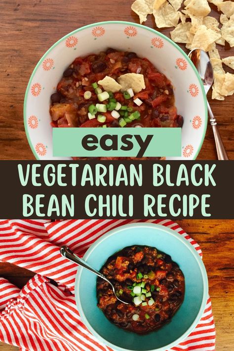 Easy vegetarian black bean chili recipe. Black Bean Vegetarian Chili, Black Bean Chili Vegetarian, Chili Recipe With Black Beans, Black Bean Chili, Filling Dinner, Vegetarian Chili, Fire Roasted Tomatoes, No Bean Chili, Canned Black Beans