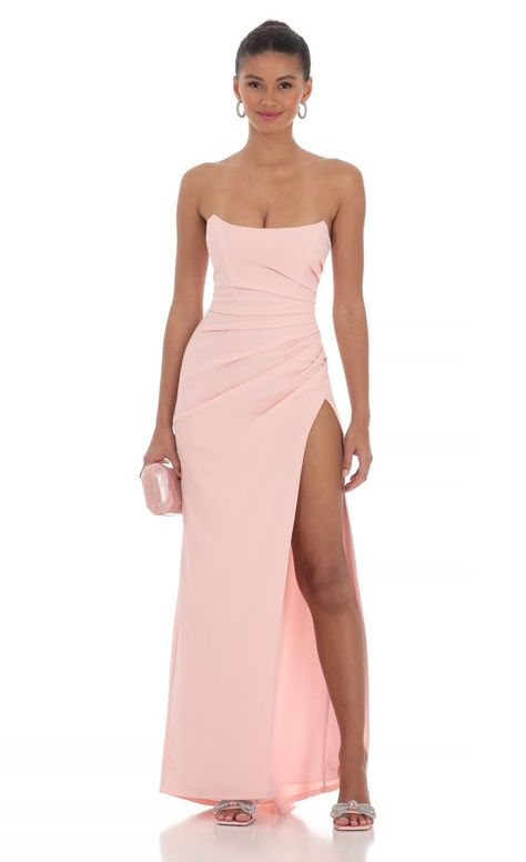 Strapless Corset Maxi Dress in Pink | LUCY IN THE SKY Long Dresses For Homecoming, Modern Prom Dresses Long, Bright Colored Formal Dresses, Light Pink Long Dress Formal, Prom Dresses For Fair Skin, Ball Formal Dresses, Bridesmaid Dresses With Corset, Classy Pink Prom Dress, Two Set Dress