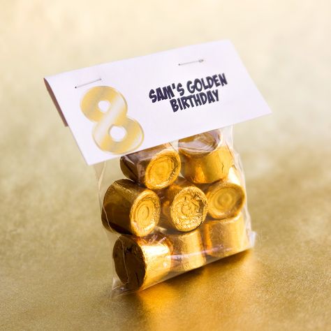 Golden Birthday treat for school -  Rolos are made by Hershey and are peanut-free!  Small treat bag with business card template topper. Golden Birthday Ideas, Golden Birthday Themes, Birthday Surprise Ideas, Golden Birthday Gifts, Golden Bday, School Birthday Treats, School Party Favors, Golden Birthday Parties, Surprise Ideas