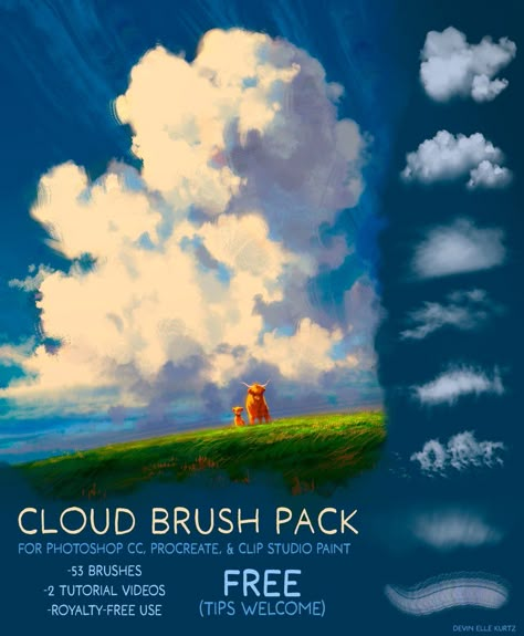 Cloud Tutorial Painting, How To Draw Backgrounds Digital, Clip Studio Paint Brushes Free, Procreate Clouds, Easy Procreate Art, Texture Brushes Procreate, Brushes For Hair, Hair Procreate, Clip Studio Paint Brushes