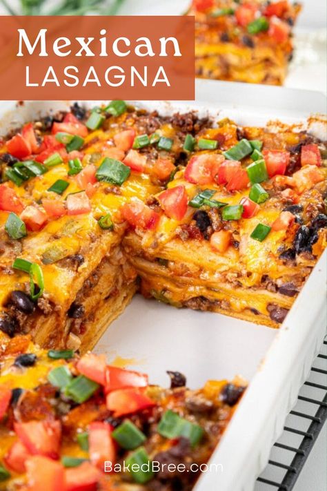 Give an Italian classic a Mexican mix with this Mexican Lasagna—layers of corn tortilla play host to ground beef, green chilis, black beans, and so much more. Madi Nelson Mexican Lasagna, Italian Recipes Ground Beef, Mexican Tortilla Lasagna, Enchilada Lasagna With Tortillas, Taco Lasagna Recipe Tortilla, Corn Tortilla Enchiladas, Mexican Dishes Easy, Taco Lasagna With Tortillas, Fajita Lasagna