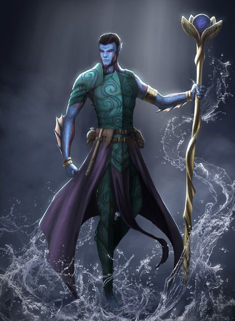 ArtStation - Commission - Triton Warlock, Tamás Patkós Sea Elf Sorcerer, Sea Elf Warlock, Sea Elf Dnd Male, Triton Warlock, Sea Elf Dnd, Dnd Theros, Triton Dnd, Sea Elves, Sea Elf