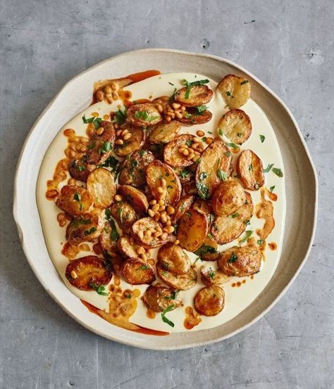 Roasted Potatoes with Aïoli and Buttered Pinenuts | Guest Recipes | Nigella's Recipes | Nigella Lawson Steakhouse Sides, Yacht Food, Ottolenghi Cookbook, Guest Recipes, Spring Dinners, Ottolenghi Recipes, Yotam Ottolenghi, Nigella Lawson, Kitchen Shelf