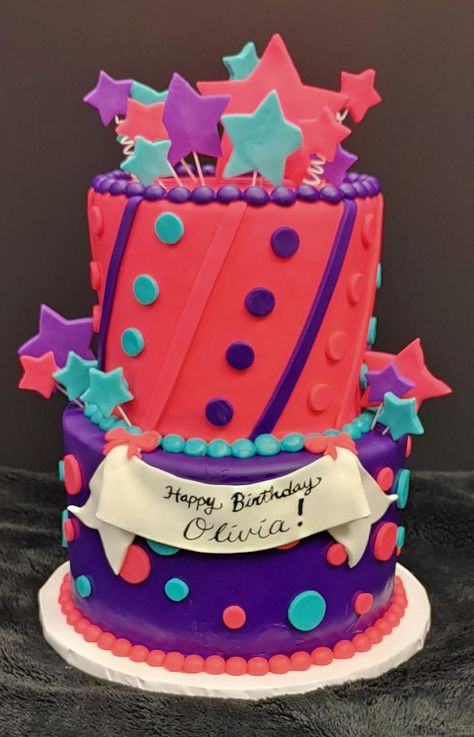 Birthday Cake For 9 Yrs Old Girl, Pink Fondant Cake, Birthday Cake 9, 2 Layer Cake, Happy Birthday Olivia, 9th Birthday Cake, 2 Layer Cakes, 7th Birthday Cakes, Girls Cake