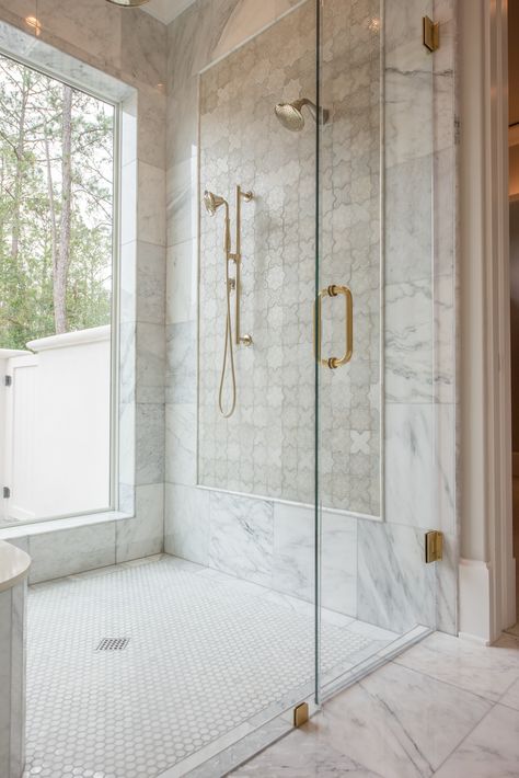 This Master Bathroom shower features beautiful, timeless marble, gold accents, and an incredible feature wall! Luxury Showers Master Baths, Marble Tile Shower, New Bathroom Ideas, Dream Farm, Marble Showers, Gold Shower, Master Shower, Steam Shower, Bathroom Redesign