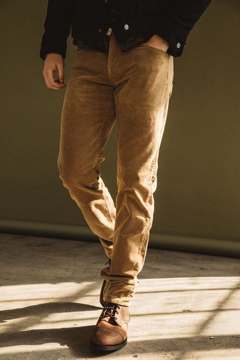 "The Pen" Slim Stretch Corduroy Pants - Khaki Made in USA Corduroy Pants Men, Raw Jeans, The Pen, Selvedge Denim, Mens Casual Outfits, Pair Of Pants, Premium Denim, Corduroy Pants, Mens Street Style