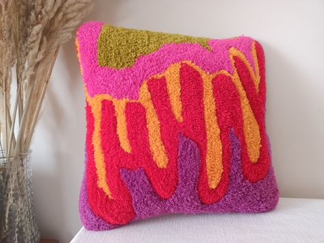 Colorful Abstract Hand Tufted Solid Pillow with Insert and Linen Back, Pop Art Tufting Cushion in Pink Purple Yellow, Bohemian Home Decor by ElyanoraArt on Etsy Hot Pink Throw Pillows, Funky Pillows, Floral Cushion Covers, Colorful Throw Pillows, Cat Cushion, Pink Throw Pillows, Coastal Boho, Abstract Hand, Abstract Pillows