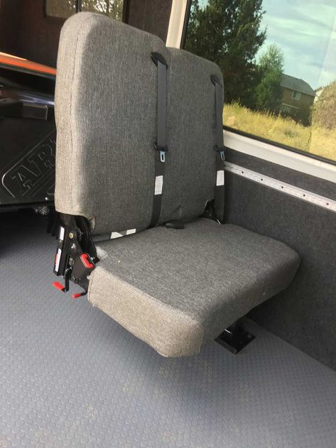 Bringing Extra Friends Was Never So Easy - Action Van, LLC offers Freedman 3PT double fold-away seats • Action Van | Sprinter and Promaster Conversions | Oregon USA Van Seating Ideas, Van Seats, Dog Van, Van Conversion Layout, Travel Wellness, Mercedes Camper, Child Safety Seat, Conversion Van, Van Conversion Interior