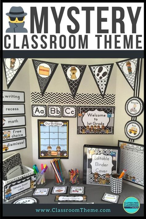 Clue Classroom Theme, Detective Bulletin Board Ideas, Mystery Bulletin Board, Detective Bulletin Board, Detective Decorations, Detective Decor, Themed Door Decorations, Detective Themed Classroom, Decor Theme Ideas