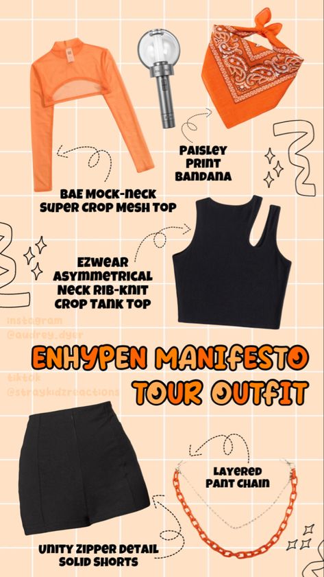 Orange Outfit Concert, Orange Concert Outfit, Enhypen Manifesto Concert, Manifesto Concert, Enhypen Manifesto, Outfit Concert, Orange Blood, Knitted Crop Tank Top, Pant Chains