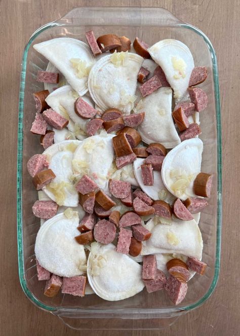 Perogies In The Oven, Baked Perogies Oven, Sausage And Perogies Recipes, Perogies Dinner Ideas, Kielbasa And Pierogies, Baked Perogies, Pierogi And Kielbasa, Pierogies And Kielbasa, Pierogi Casserole