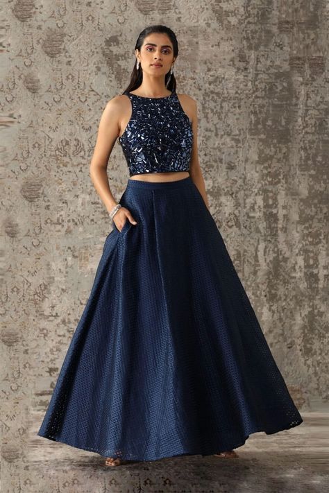 Blue Skirt Outfit Indian, Blue Lehenga Outfit, Plain Lehenga Designs, Party Wear Lehenga Crop Tops, Blue Crop Top Lehenga, Trending Lehenga Designs, Sharara Top, Skirt And Top Indian, Crop Top Outfits Indian