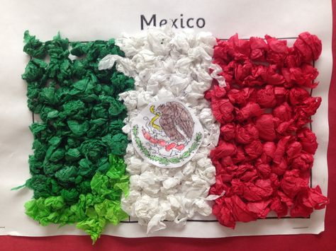 Mexican flag craft with tissue paper for Cinco de Mayo Mexican Flag Craft, Mexico Independence Day Crafts For Kids, Mexican Independence Day Crafts, Flag Day Crafts, Mexican Crafts For Kids, Craft With Tissue Paper, Flag Art Project, Mexico Crafts, Hispanic Heritage Month Activities