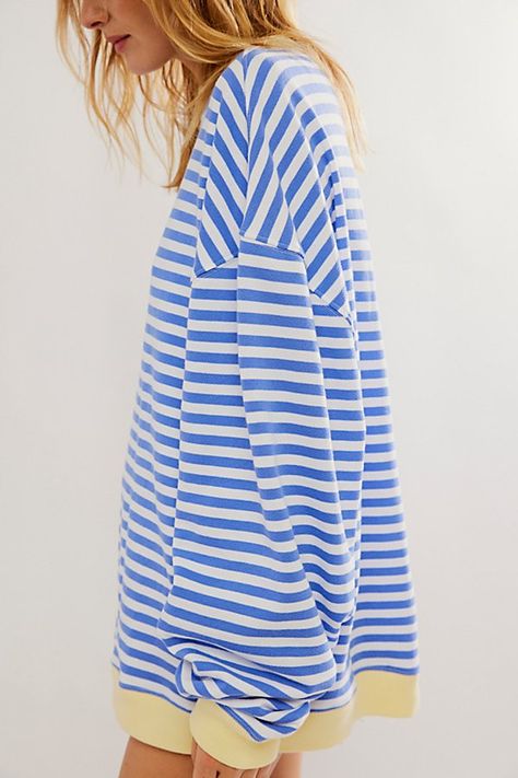 So cool and classic, this timeless crewneck is featured in an oversized, slouchy silhouette and staple striped print with contrasting hems for added dimension. **Fit:** Relaxed, oversized fit **Features:** Crew neckline, dropped shoulders, contrast hems **Why We | Classic Striped Oversized Crewneck by Free People in Blue, Size: L Oversized Crewneck, Hoodie Top, Sweater Weather, Boho Outfits, Women Collection, Dress Collection, Dress To Impress, New Arrivals, Free People