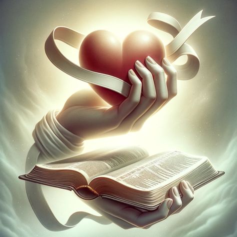 A symbolic image featuring two hands, one holding a heart and the other an open Bible. The heart is wrapped in a ribbon flowing towards the Bible, illustrating aligning personal desires with spiritual guidance. The background is a soft, ethereal glow, signifying divine presence in life's choices. The image is detailed, high-quality, and appealing to Bible readers. Word Pictures Art, Jesus Gif, Living A Lie, Jesus Love Images, Holly Pictures, Open Bible, Bible Prints, Holding A Heart, Jesus Christ Painting