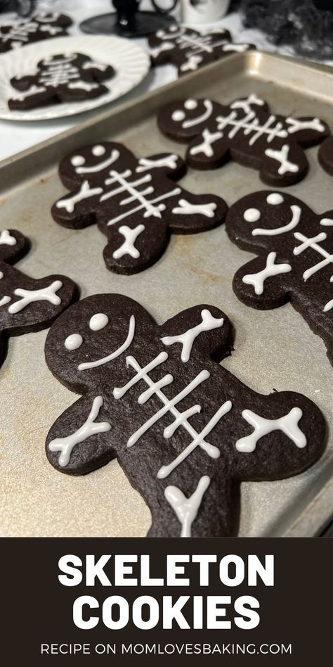 Get the recipe: https://www.momlovesbaking.com/the-best-spooky-skeleton-cookie-recipe-for-halloween/ Skeleton Desserts, Skeleton Cookies Decorated, Skeletons For Halloween, Decorating With Royal Icing, Skeleton Cookies, Easy Halloween Cookies, Cookie Cake Designs, Dark Chocolate Recipes, Powdered Food Coloring