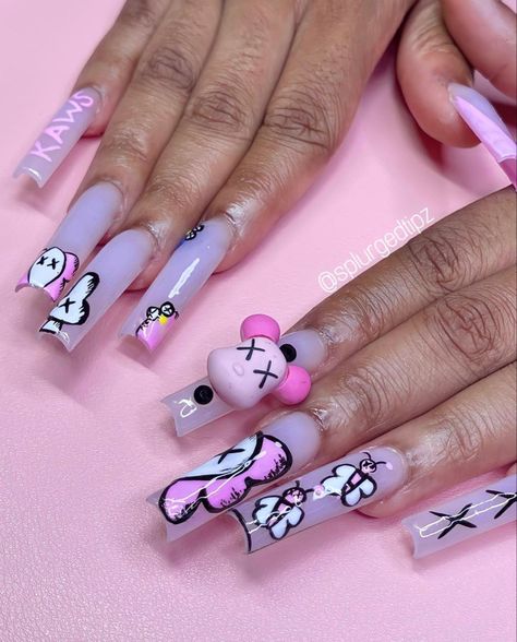 Purple Kaws Nails, Purple Nail Designs Acrylic, Birthday Nails 12, Kaw Nails, B Day Nails, Kawaii Nails Acrylic, Gemini Birthday Nails, Short Coffin Nails Designs, Gold Acrylic Nails