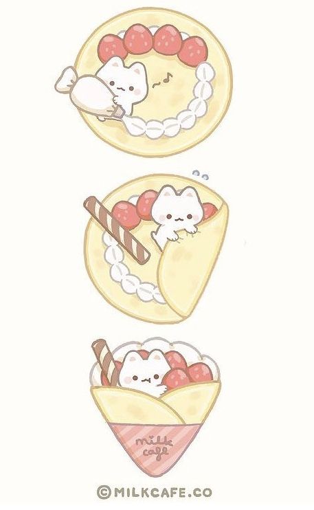 Kawaii Cat Drawing, Strawberry Crepes, Pusheen Cute, Pastel Kawaii, Cute Cat Drawing, French Word, Cute Food Drawings, Cute Animal Drawings Kawaii, Cute Doodles Drawings