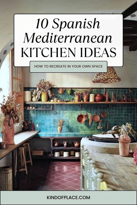 10 Spanish Mediterranean Kitchen Ideas We Can’t Get Enough Of Wood Open Shelving, Spanish Mediterranean Kitchen, Mediterranean Kitchen Ideas, Mediterranean Kitchen Decor, Southwest Kitchen, Rustic Backsplash, Decorative Backsplash, Colorful Backsplash, Spanish Mediterranean