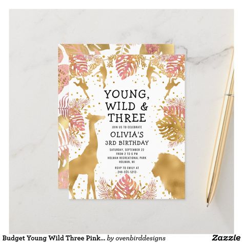 Budget Young Wild Three Pink 3rd Birthday Invite Safari Invitation, Safari Invitations, Pink Gold Baby Shower, Girls 3rd Birthday, Two Wild, Wild One Birthday, Third Birthday Party, Wild One Birthday Party, 1st Birthday Party Invitations