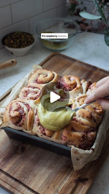 Immy Lucas • Sustainably Vegan Eats on Instagram: "Day 06 of 100 Days From Scratch Recipes: Raspberry & Pistachio Rolls

Ingredients:
For the inside:

2 tbsp pistachios, blitzed into a powder (with some larger pieces)

For the jam: 
250g fresh or frozen raspberries
60g sugar
Zest of 1 lemon
Juice of ½ lemon
1 tbsp cornstarch

Frosting:
2 heaping tsp of pistachio butter
1 cup powdered sugar
2 tbsp vegan butter (softened)
4oz of vegan cream cheese
½ tsp vanilla
Pinch of salt

For the dough I used the recipe from @sarahsvegankitchen_ cinnamon rolls.

Add your raspberries to a pan with the sugar, lemon zest and juice. Place on medium heat and crush the raspberries until your mixture becomes quite liquidy. Add 1 tbsp of cornstarch and simmer for a few minutes until the jam has thickened a littl Cornstarch Frosting, Pistachio Rolls, Raspberry Pistachio, From Scratch Recipes, Pistachio Butter, Frozen Raspberries, Scratch Recipes, Vegan Cream, Vegan Cream Cheese