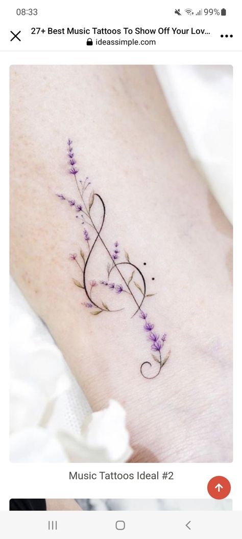 Floral Music Tattoo, Music Tattoo Designs For Women, Clarinet Tattoo, Music Wrist Tattoos, Cello Tattoo, Watercolor Tattoo Music, Violin Tattoo, Lilac Tattoo, Soft Tattoo