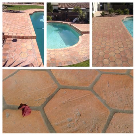 Saltillo tile / terracotta tiles installed upside down for a gorgeous rustic exterior look for a pool patio. It's actually cooler than "pool/cool deck" and obviously is a much more attractive design.  Designed by: Prados Design ; tile is from Mexican Tile and Stone Company Tile Terracotta, Beach House Flooring, Pool Paving, Spanish Home Decor, Saltillo Tile, Swimming Pool Tiles, Pool Renovation, Pool Remodel, Rustic Exterior