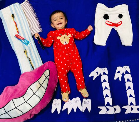 I got my first tooth First Tooth Baby Photoshoot, Month Birthday Photoshoot, I Got My First Tooth, Monthly Baby Photography, Baby Fashion Girl Newborn, My First Tooth, Baby Photoshoot Ideas, Baby Photography Poses, Baby Boy Newborn Pictures