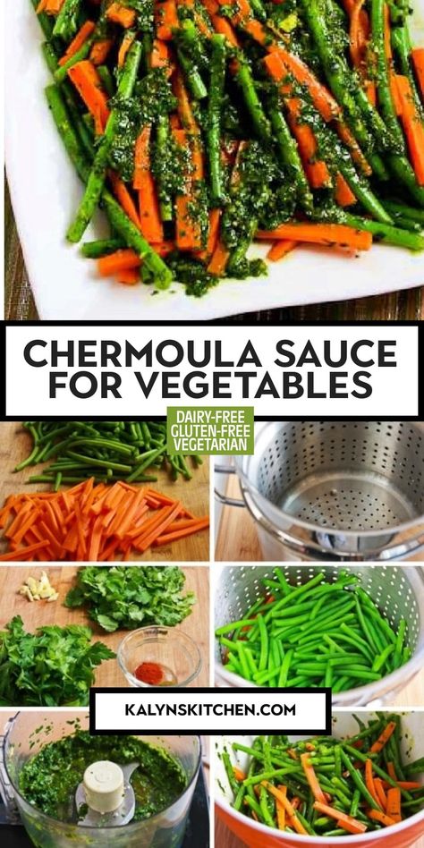 Chermoula Sauce is an interesting herb-based sauce that adds such a pop of amazing flavor to many different kinds of vegetables! We enjoyed this on steamed green beans and carrots, but see lots more options below for vegetables to eat with Chermoula Sauce. [found on kalynskitchen.com] #ChermoulaSauce #ChermoulaSauceVeggies Steamed Vegetables Seasoning, Green Beans And Carrots, Sauce For Vegetables, Chermoula Sauce, Steamed Green Beans, Kinds Of Vegetables, South Beach Diet, Gourmet Treats, Steamed Vegetables