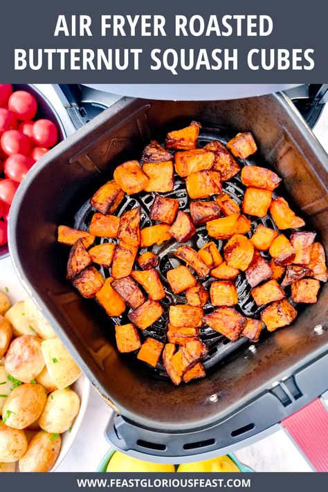 These Air Fryer Roasted Butternut Squash Cubes are soft and squishy in the middle and beautifully crispy and charred on the outside. You can cook from fresh or frozen and prepare the squash yourself or use pre-prepared, plus you can mix up the seasonings to your heart's content. Squash Air Fryer, Roasted Butternut Squash Cubes, Air Fried Green Beans, Air Fried Fish, Feast Recipes, Frozen Butternut Squash, Butternut Squash Cubes, Cut Butternut Squash, Sauteed Kale