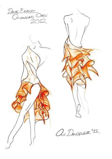 BESPOKE DANCEWEAR FOR DANCESPORT PROFESSIONALS on Behance Dance Costume Design, Dresses Drawing, Ballroom Dance Outfits, Dancesport Costume, Dancer Drawing, Modern Dance Costume, Costume Design Sketch, Dance Costumes Dresses, Dancing Dresses