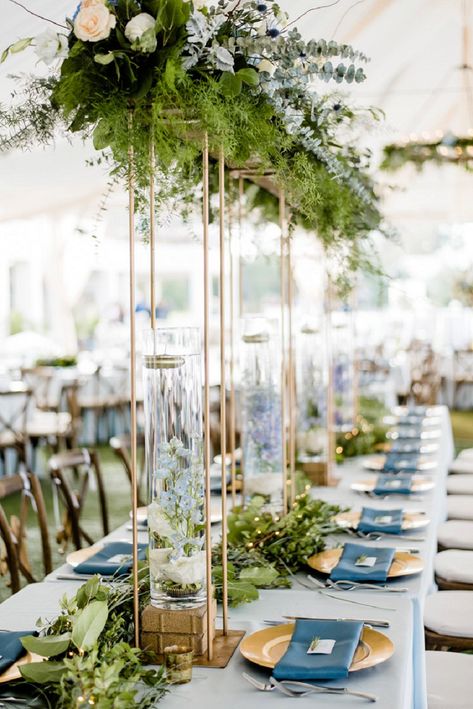 Tall wedding greenery centerpieces with glass vases and gold stands for classic blue inspired outdoor wedding #floral #greenery #weddingcenterpiece #weddingideas #flowers #wedding #weddingtent Yacht Club Wedding Decor, Smokey Blue Wedding, Yacht Wedding Ideas, Wedding Yacht, Lima Photography, Christmas Hosting, Wedding Ideas Outdoor, Wedding Palettes, Greenery Wedding Centerpieces