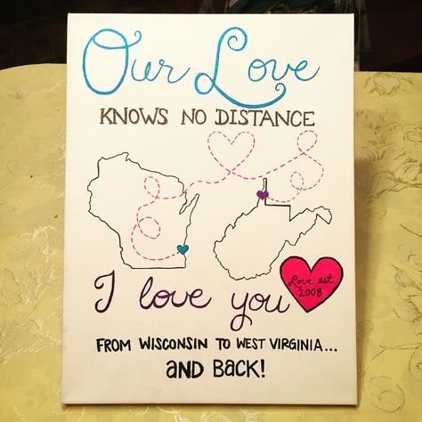 Canvas art I made for my roommate to give her boyfriend. Perfect for long distance relationships! Gifts For Boyfriend Long Distance, Long Distance Relationship Cards, Boyfriend Long Distance, Long Distance Girlfriend, Diy Gifts For Girlfriend, Drawings For Boyfriend, Long Distance Boyfriend, Distance Relationship Gifts, Distance Love