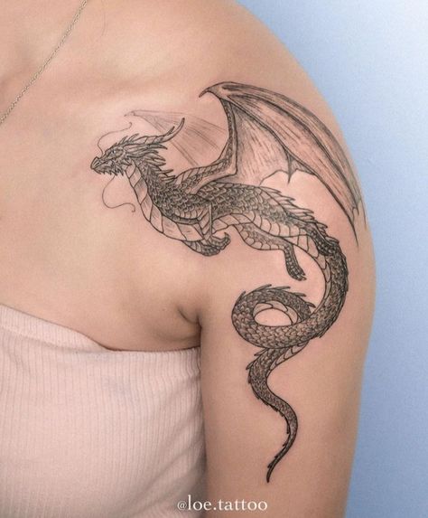 Dragon Tattoo With Wings, Dragon Tattoo Shoulder, Black Dragon Tattoo, Celtic Dragon Tattoos, Taboo Tattoo, Dragon Tattoo Art, Feminine Tattoo Sleeves, Dragon Tattoo For Women, Fantasy Tattoos