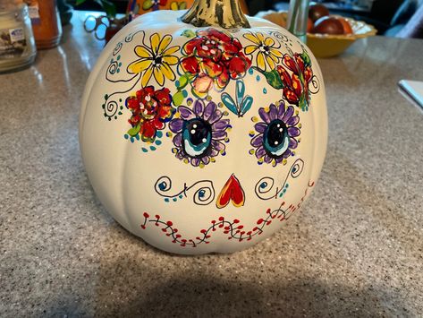 Painted Pumpkin Day Of The Dead Pumpkin Painted, Day Of The Dead Pumpkin, Sugar Skull Nails, Pumpkin Painted, Halloween Arts, Pumpkin Carving Contest, Pig Painting, Fake Pumpkins, Skull Nails