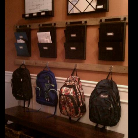 Family Organization wall...Good idea! School Bag Storage, Upcycle Storage, Organization Station, Revere Pewter, Ideas Para Organizar, Cleaning Organizing, My New Room, Organization Hacks, Storage And Organization