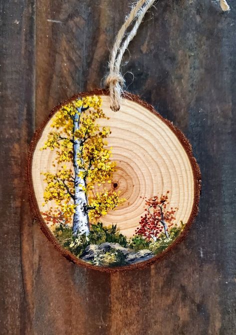 This hand-painted wood slice ornament of a colorful aspen tree is perfect as a Christmas ornament, stocking stuffer, white elephant, gift for her, gift for him, gift for mom, gift for dad, or seasonal hanging house décor. This is a made to order, custom ornament. Though I am very good at replicating, keep in mind it won't be EXACTLY the same, but very very close. FREE SHIPPING 100% satisfaction money back guarantee, just send it back if you aren't satisfied and I'll gladly reimburse you! All art Aspen Tree, Wood Slice Art, Wood Slice Crafts, Christmas Painting, Wood Painting Art, Wood Burning Crafts, Painted Christmas Ornaments, Wood Circles, Wood Slice Ornament