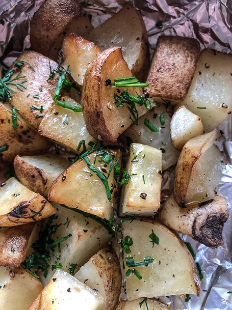 Traeger Smoked Potatoes in Foil - Delicious and easy! - Recipe Diaries Smoked Potatoes And Onions, Smoker Vegetables, Smoker Potato Recipes, Traeger Potatoes, Smoked Potatoes In Smoker, Potatoes On Smoker, Smoker Potatoes, Smoker Sides, Smoker Meals