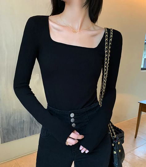 #fashion #aesthetic #womensstyle #womensclothing #womenswear #koreanstyle #koreanfashionoutfits Black Longsleeves Outfit, Longsleeves Outfit, Korean Fashion Outfits, Everyday Luxury, Womens Style, Black Outfits, Fashion Aesthetic, Fashion Essentials, Knitted Pullover